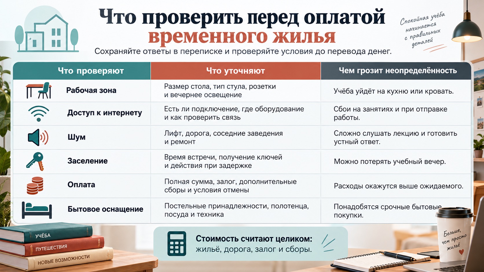 Проверка рабочего места, интернета, шума, заселения, оплаты и бытового оснащения квартиры.
