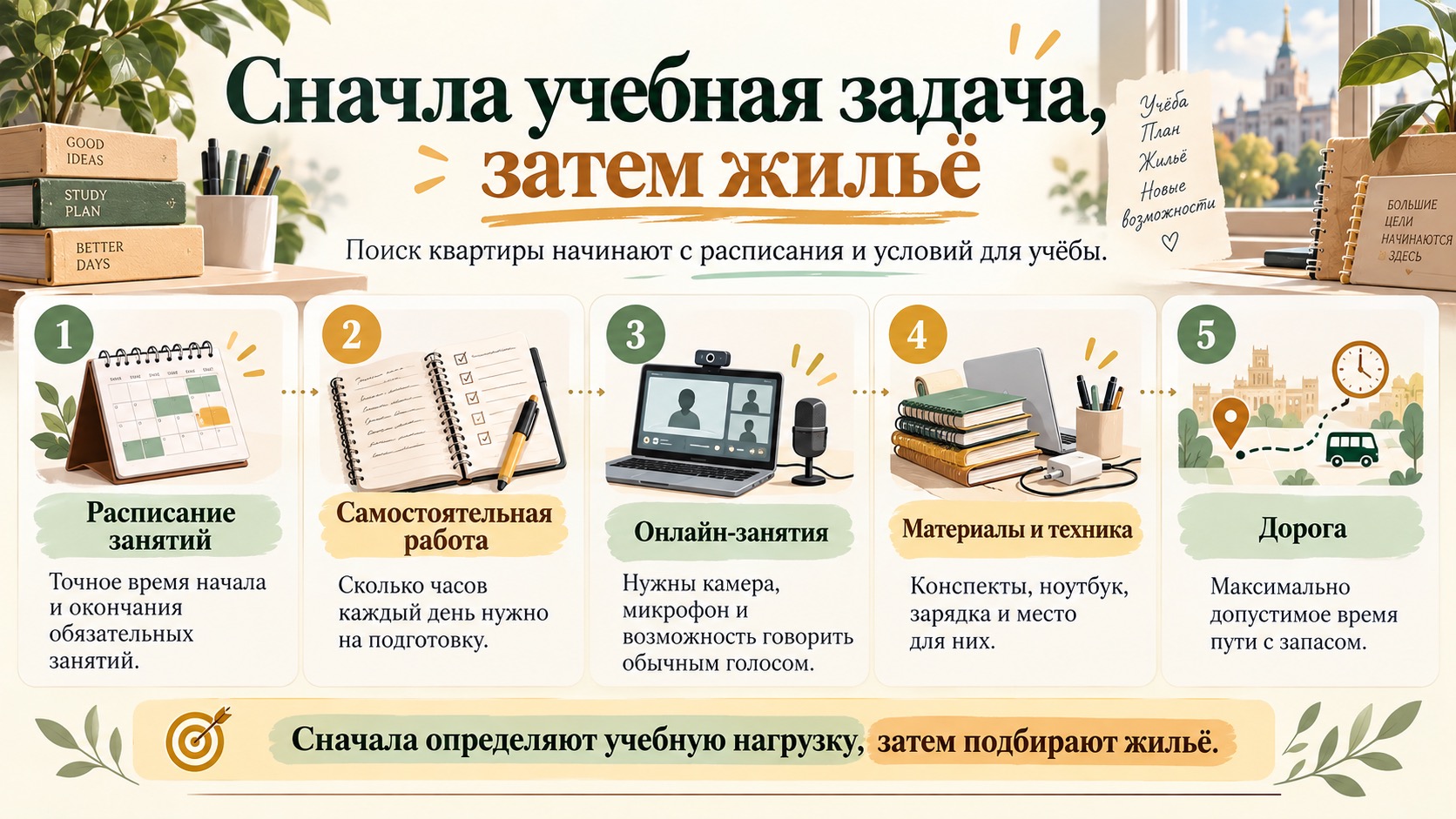Пять критериев выбора жилья для учёбы: расписание, нагрузка, онлайн-занятия, техника и дорога.