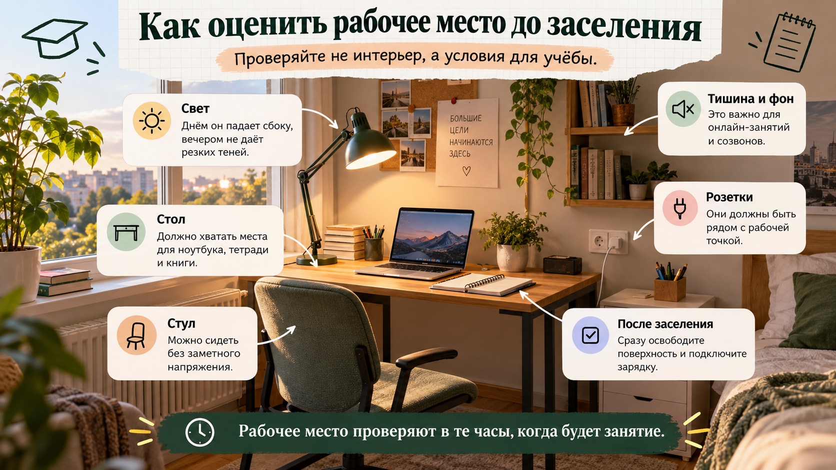 Проверка учебного места в квартире: стол, стул, освещение, розетки и тишина.